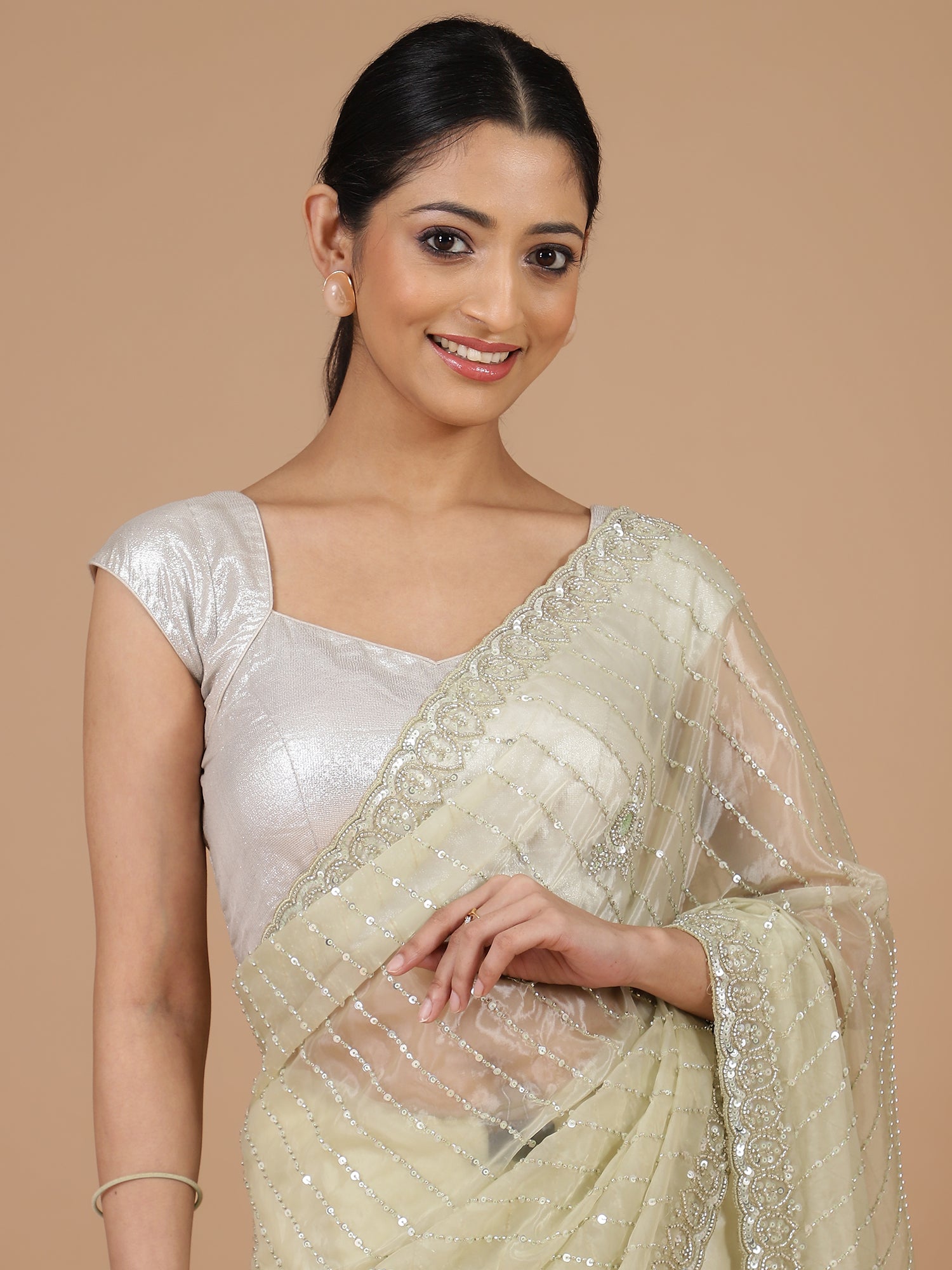 Graceful Beige Organza Tissue Saree with Sequin Work & Embroidery