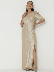 Stunning Gold Gown with Intricate Knitted Sequin Work