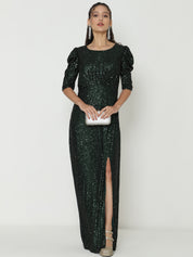 Chic Olive Green Gowns  with Knitted Sequin Work