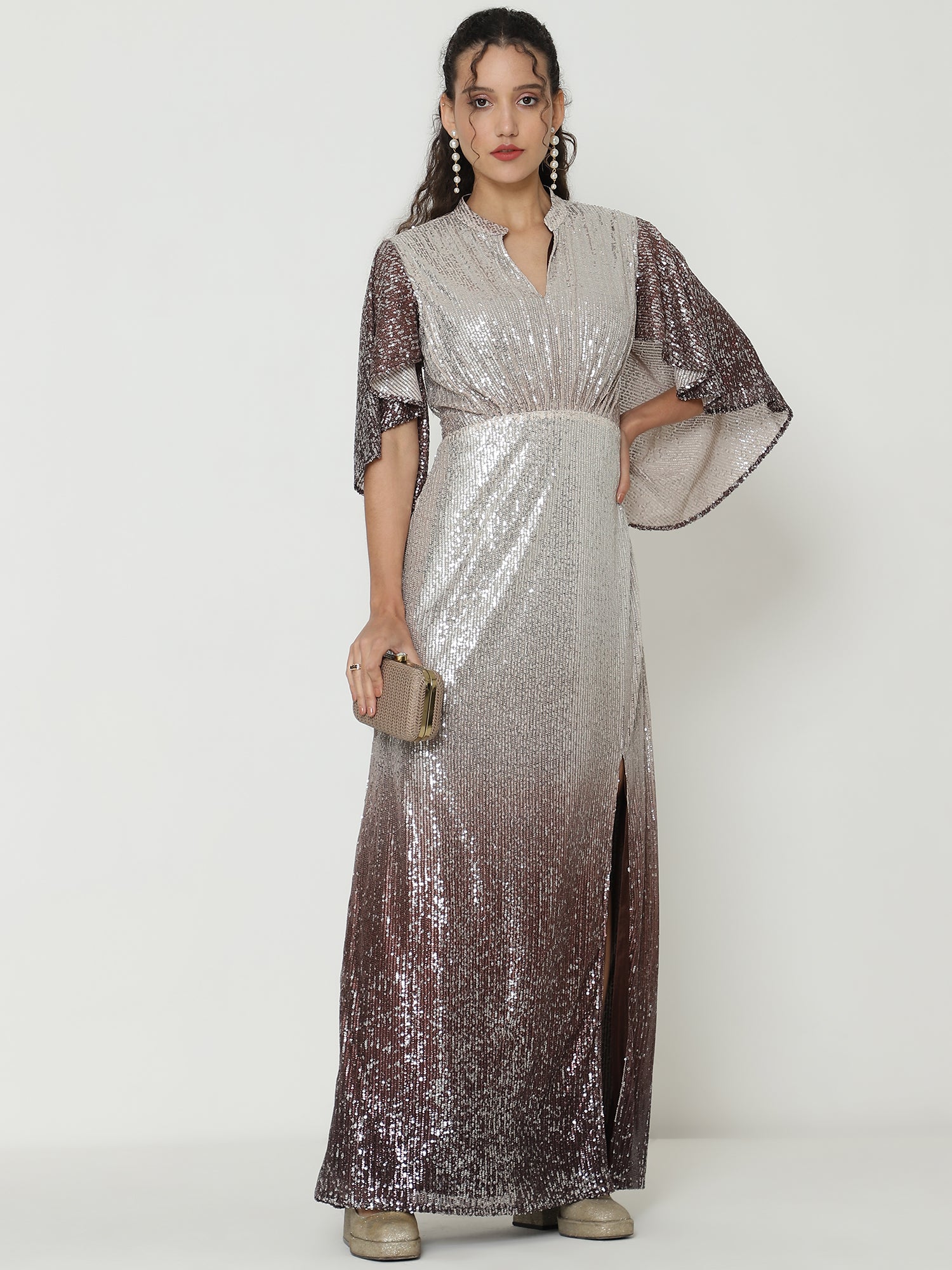 Elegant Silver & Brown Gowns  with Knitted Sequin Detailing