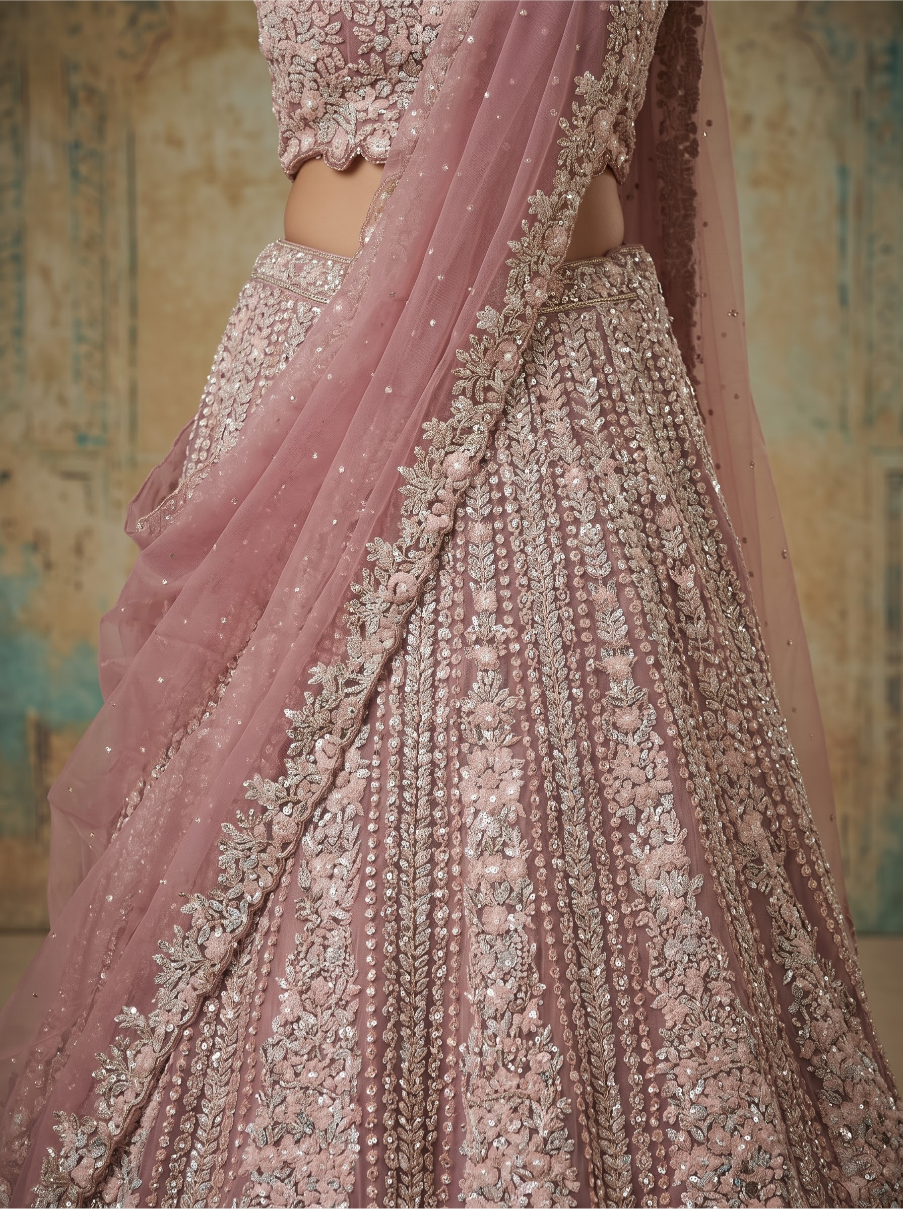 Dusty Pink Net Lehenga Choli with Sequin Floral Embroidery