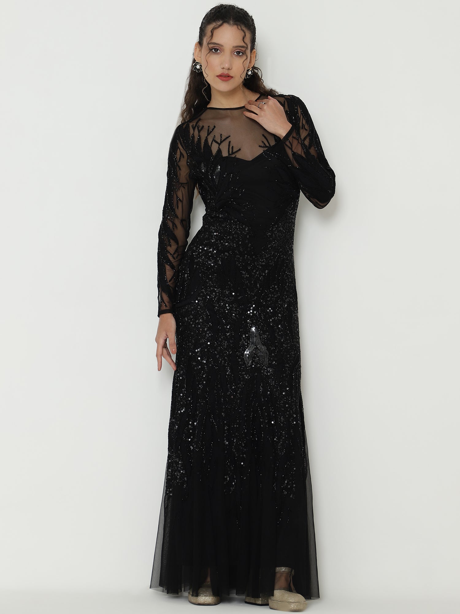 Elegant Black Full Sleeve Gowns  with Knitted Sequin Work