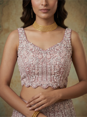 Dusty Pink Net Lehenga Choli with Sequin Floral Embroidery