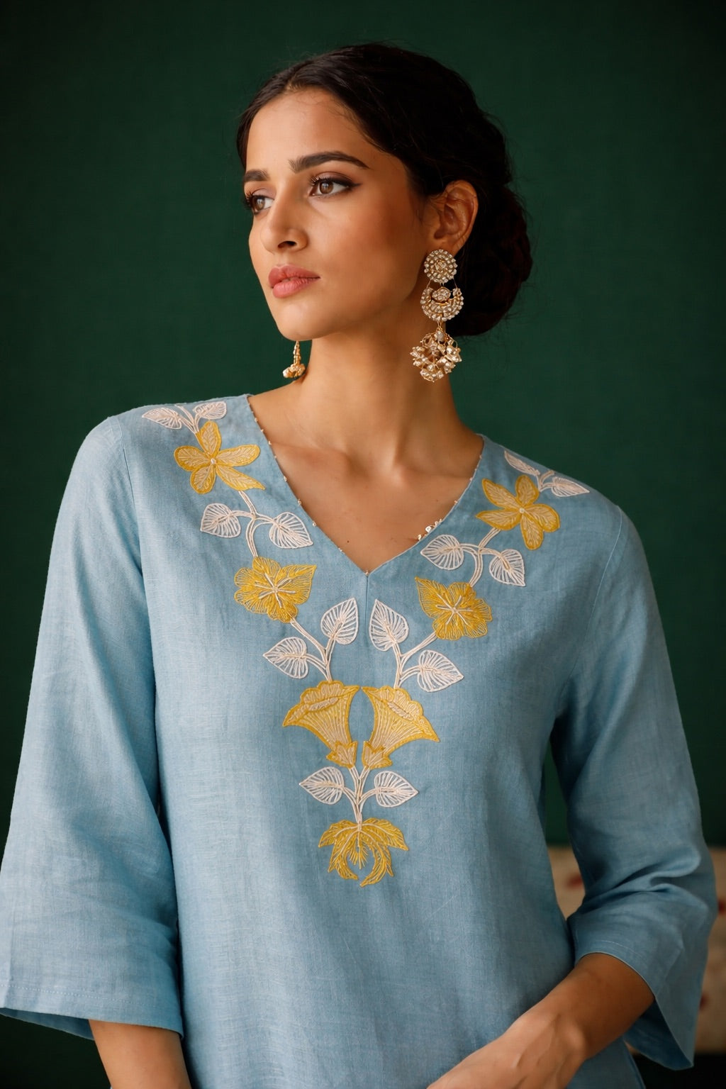 Powder Blue Linen Embroidered Salwar Set for Women – Elegant Floral Embroidery Kurta & Pants
