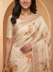 Tussar Silk Saree – Ivory Floral Print for Festive Wear