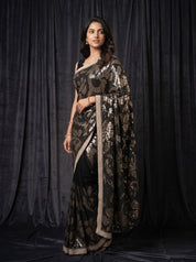 Black Georgette Saree with Gold Sequin Floral Embroidery & Pearl Border