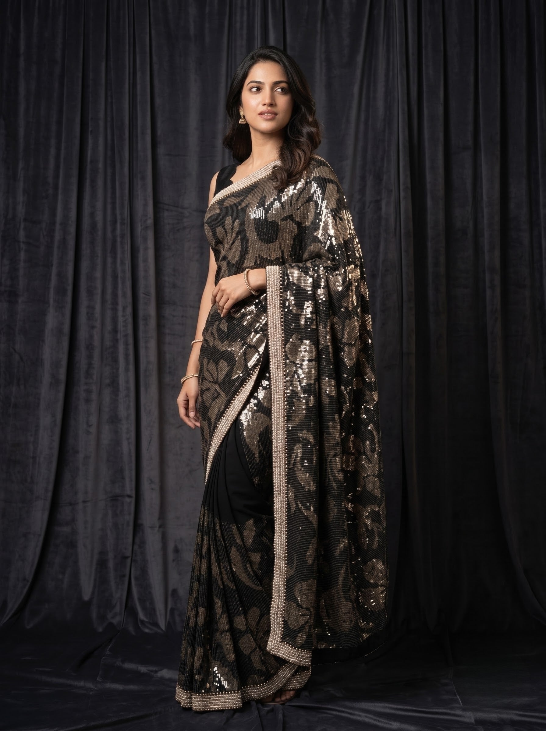Black Georgette Saree with Gold Sequin Floral Embroidery & Pearl Border