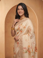 Tussar Silk Saree – Ivory Floral Print for Festive Wear