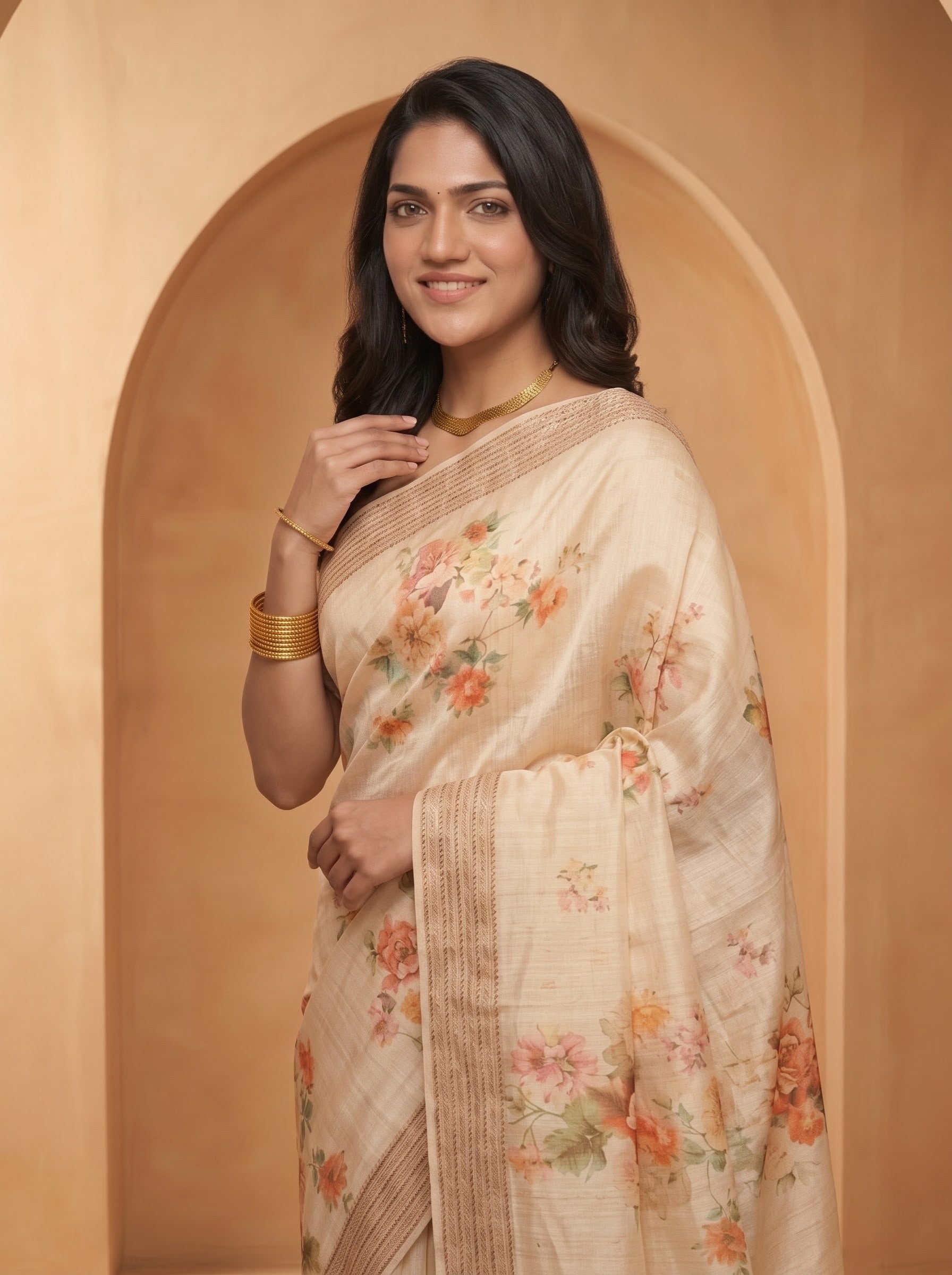 Tussar Silk Saree – Ivory Floral Print for Festive Wear