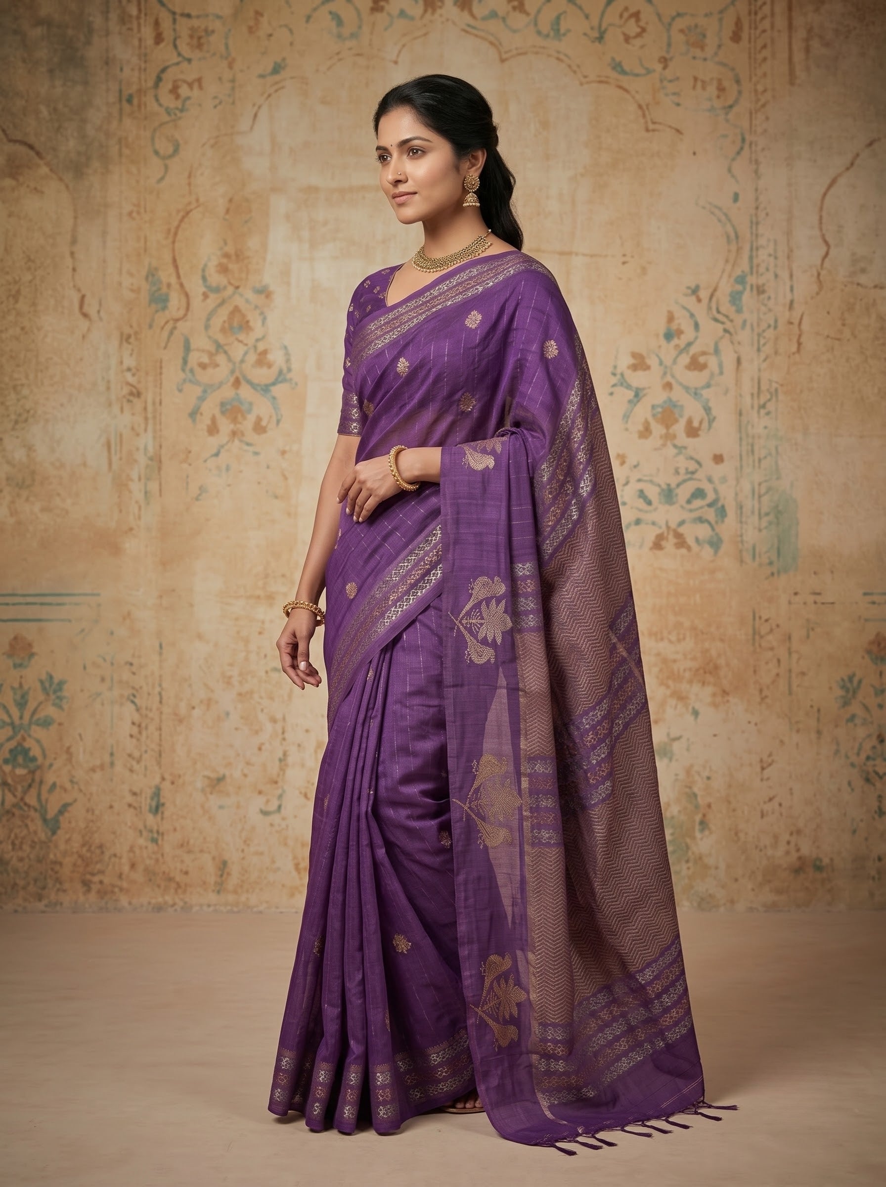 Purple Tussar Silk Saree with Tassels – Festive Wedding Wear