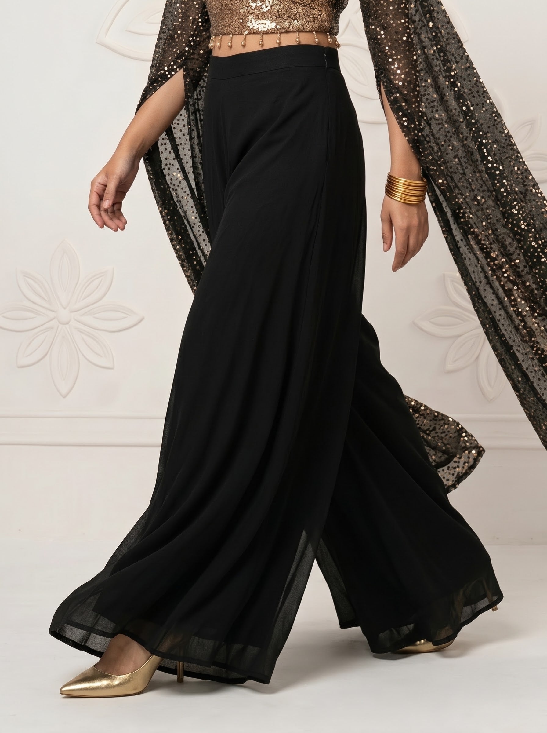 Black & Gold Sequin Embroidered Georgette Crop Top Palazzo Set