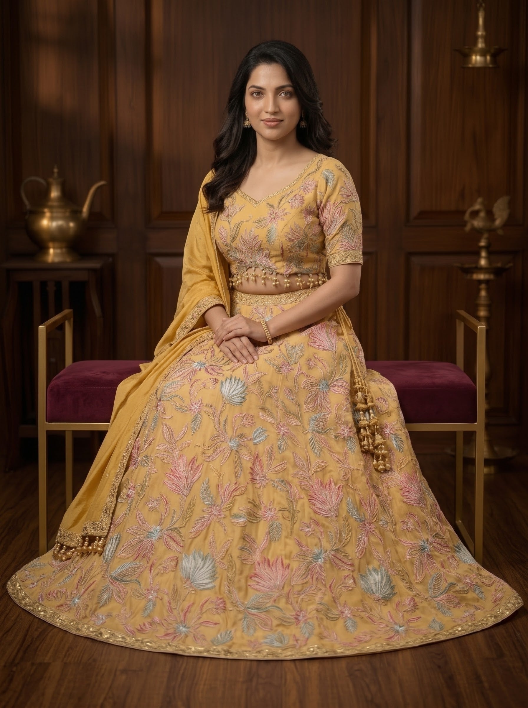 Mustard Raw Silk Bridal Lehenga with Floral Zari Embroidery
