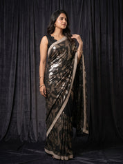 Black Georgette Saree with Gold Sequin Floral Embroidery & Pearl Border