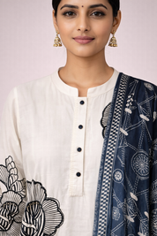DIVA Women’s White Cotton Salwar Suit Set with Navy Printed Dupatta | Elegant Ethnic Wear