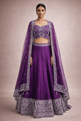 Royal Purple Hand-Embroidered Raw Silk Lehenga Set with Couture Jacket & Dupatta