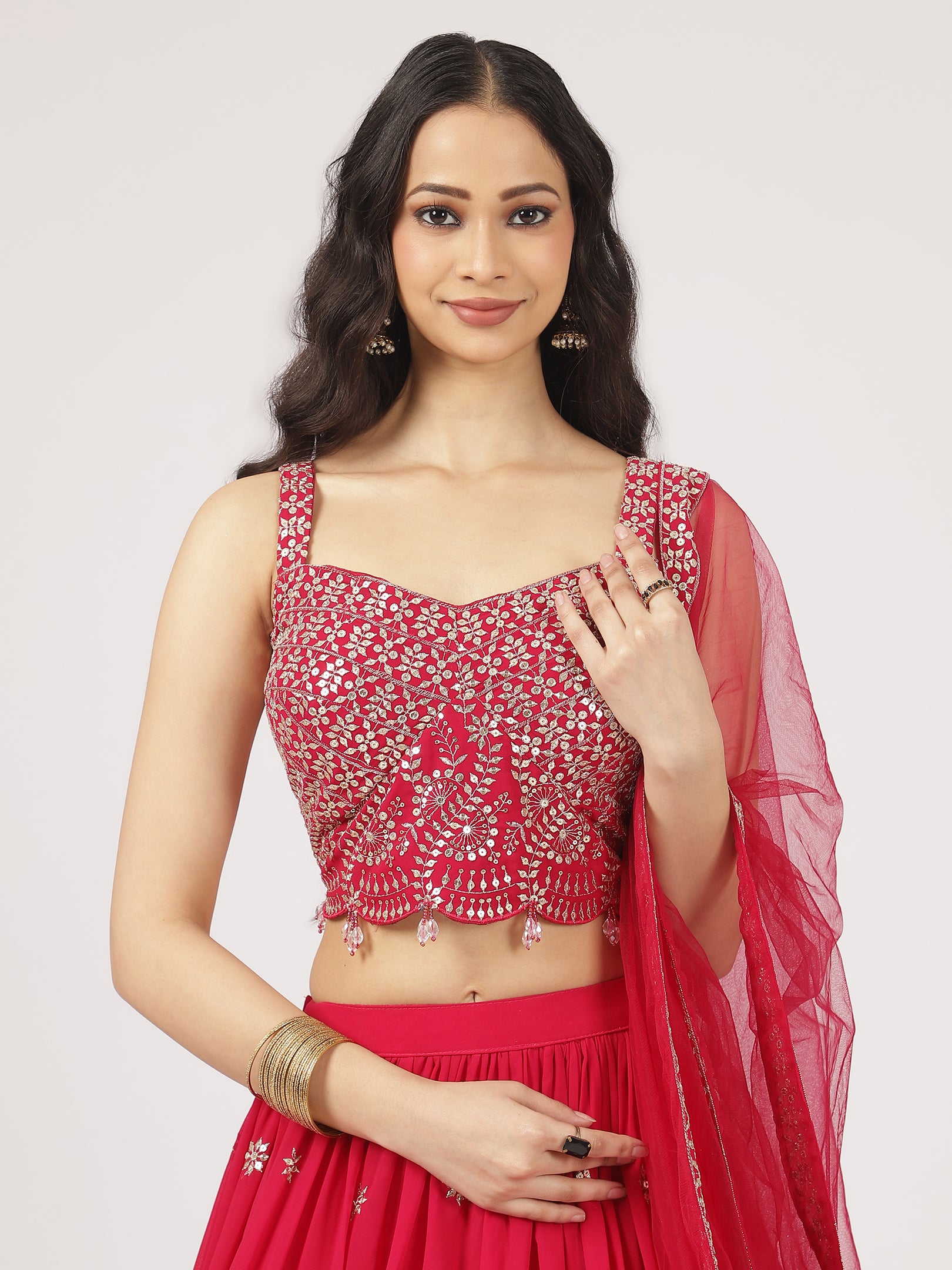 Radiant Red Embroidered Lehenga Set with Mirror Work Blouse & Sheer Dupatta