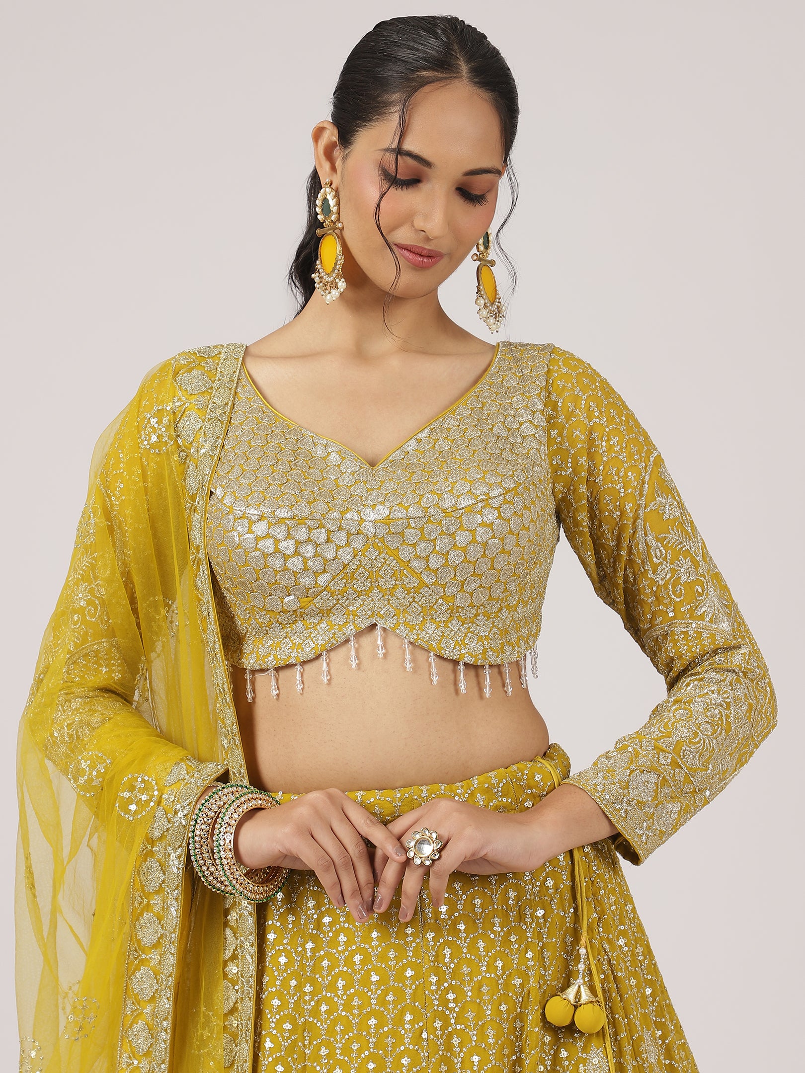 Mustard Yellow Georgette Zari Embroidered Lehenga