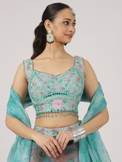 Aqua Blue Floral Organza Lehenga with Embroidered Blouse