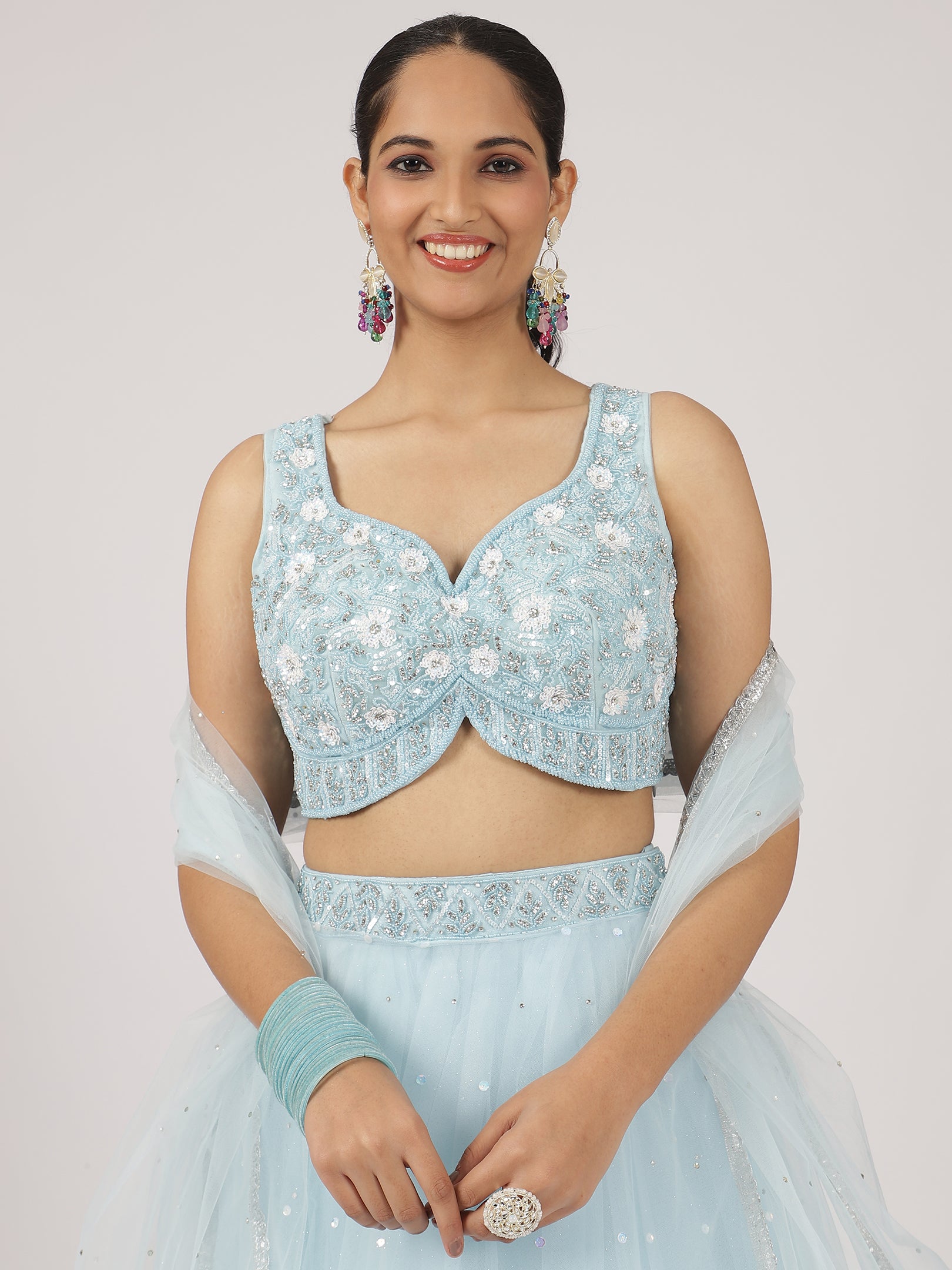 Sky Blue Embroidered Net Lehenga with Sequins & Mirror Work