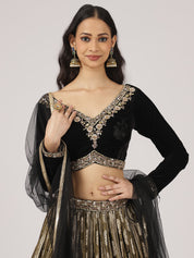 Midnight Black Velvet Banarasi Lehenga with Zari Embroidery