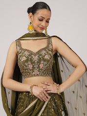 Elegant Olive Green Silk Lehenga with Intricate Embroidery