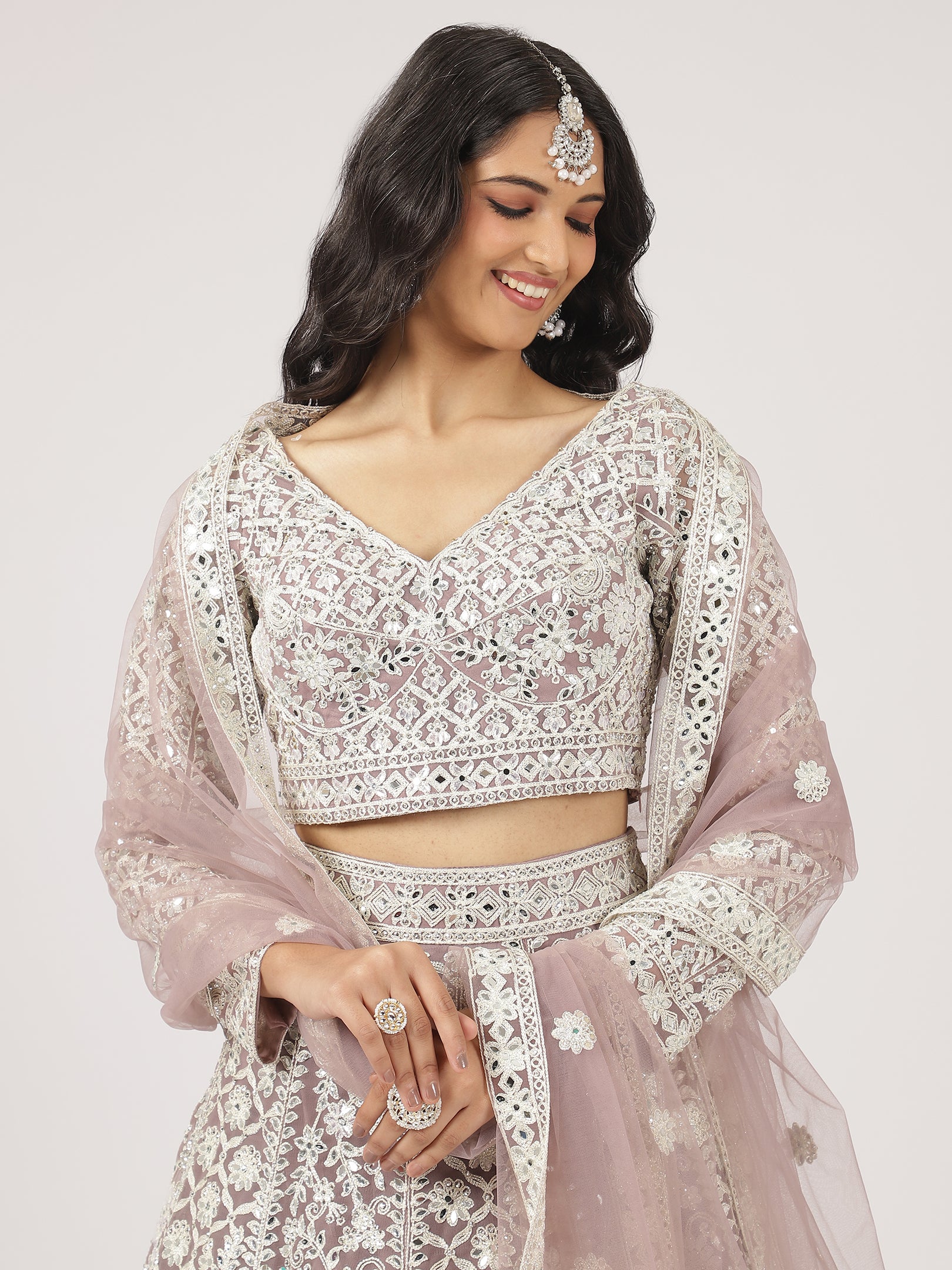 Cream Net Mirror Work Lehenga with Intricate Embroidery