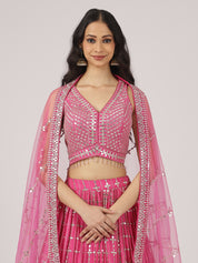 Fuchsia Pink Mirror Work Lehenga with Embroidered Blouse & Dupatta