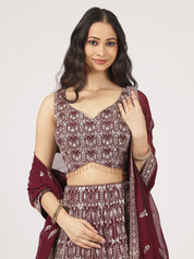 Maroon & Ivory Threadwork Lehenga Set with Embellished Blouse & Net Dupatta