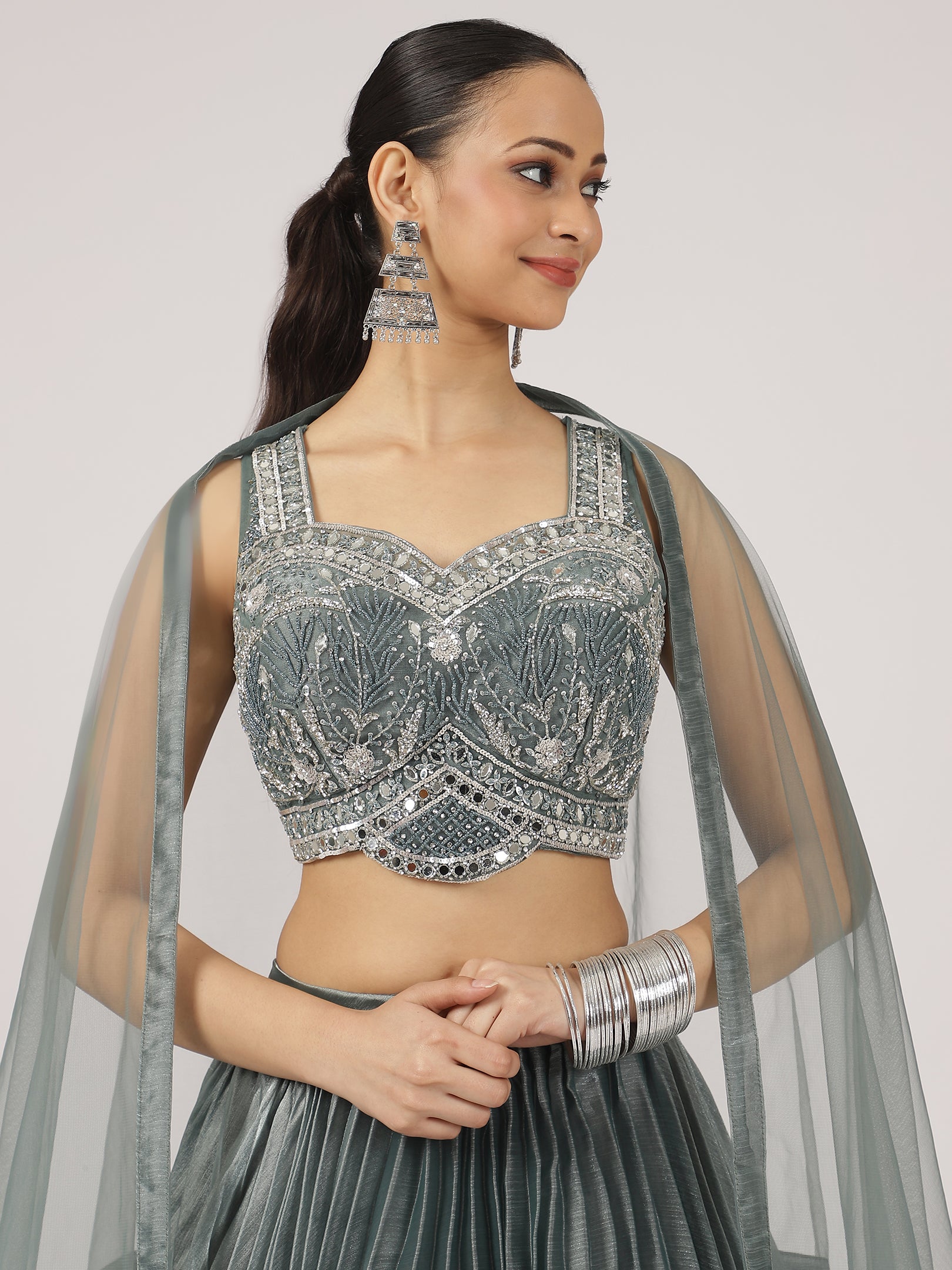 Elegant Grey Pleated Lehenga with Embroidered Blouse & Sheer Dupatta