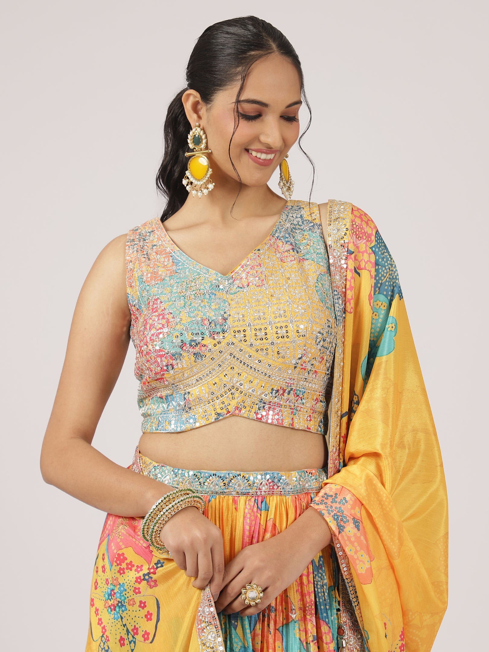 Mustard Yellow Printed Organza Lehenga with Sequin & Mirror Work Blouse