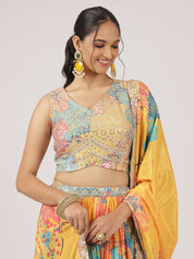 Mustard Yellow Printed Organza Lehenga with Sequin & Mirror Work Blouse