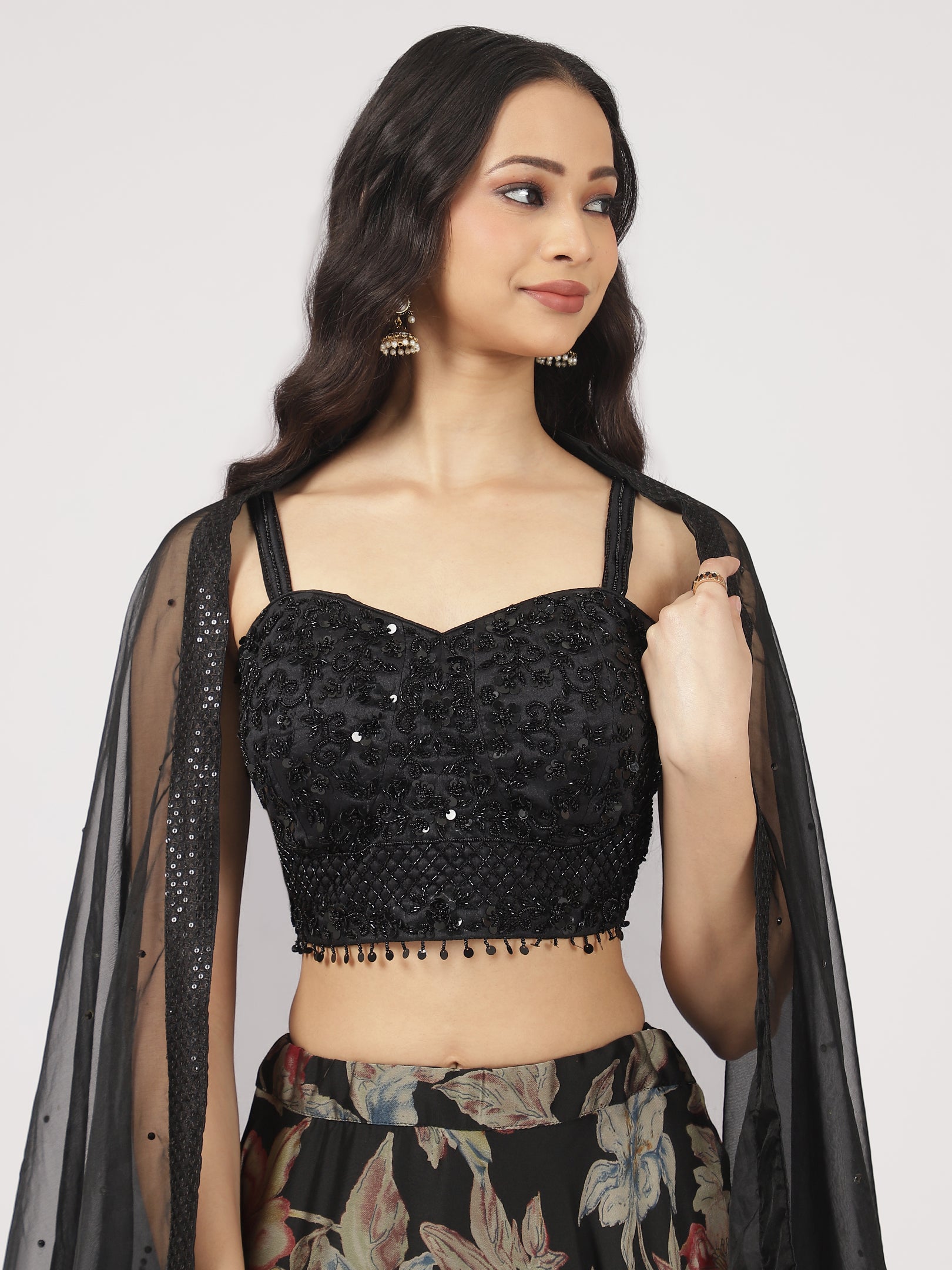 Black Floral Printed Organza Lehenga with Embroidered Blouse & Net Dupatta