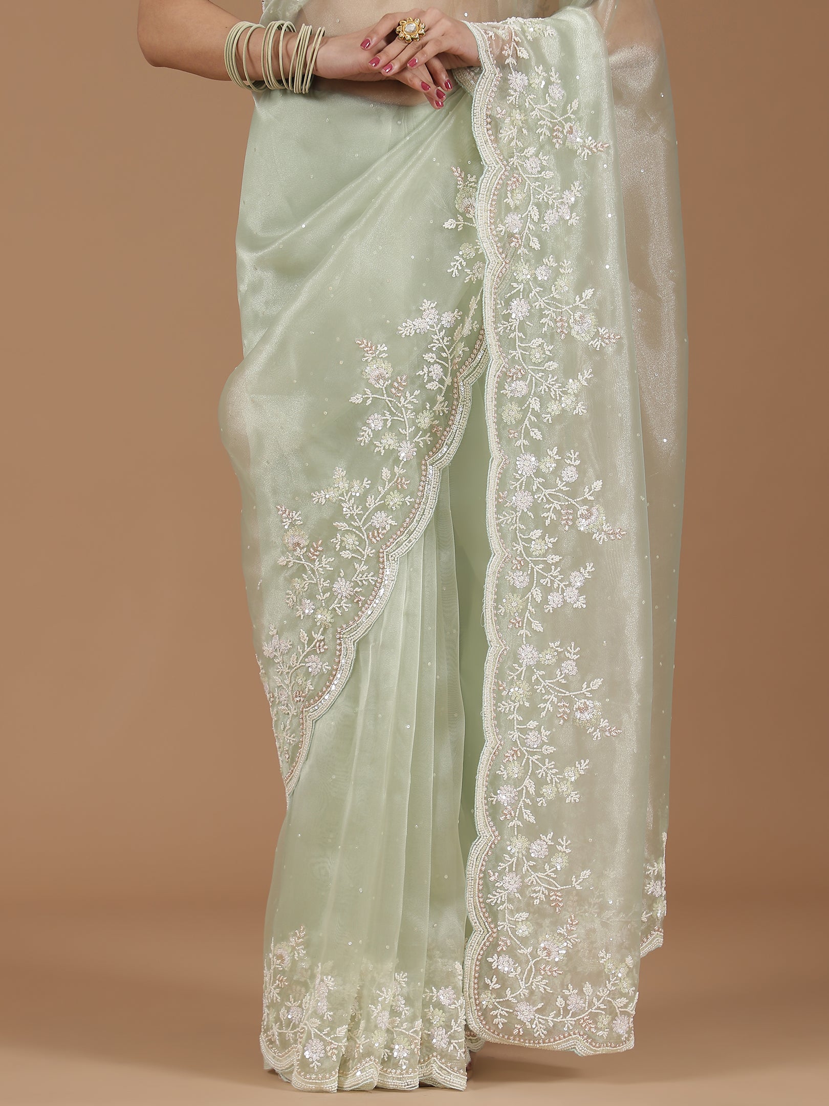 Net Saree with Delicate Floral Embroidery & Scalloped Border