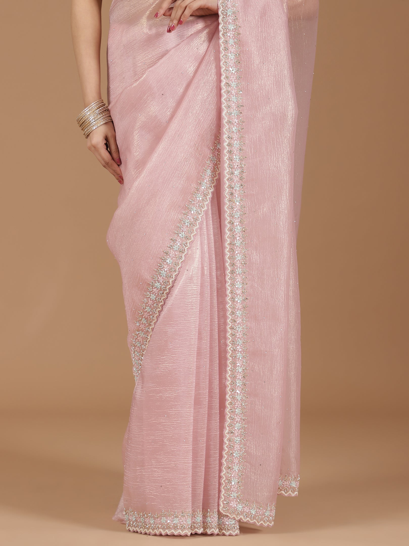 Net Saree with Delicate Floral Embroidery & Scalloped Border