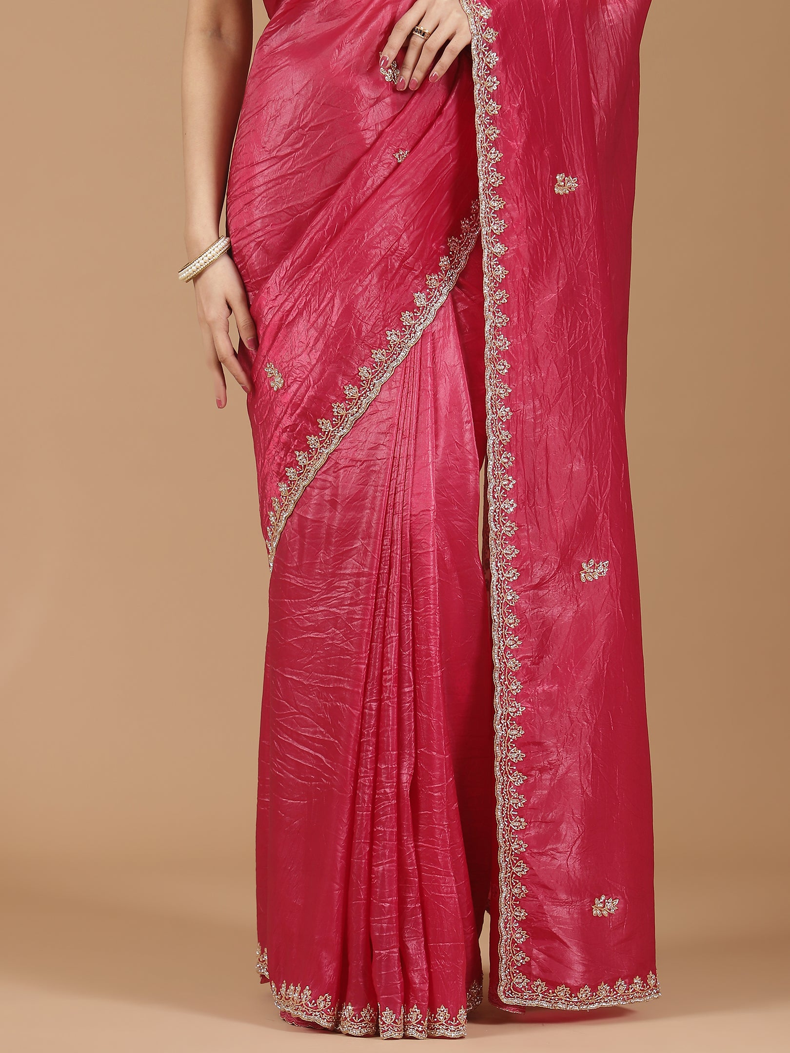 Crushed Silk Saree with Embroidered Border