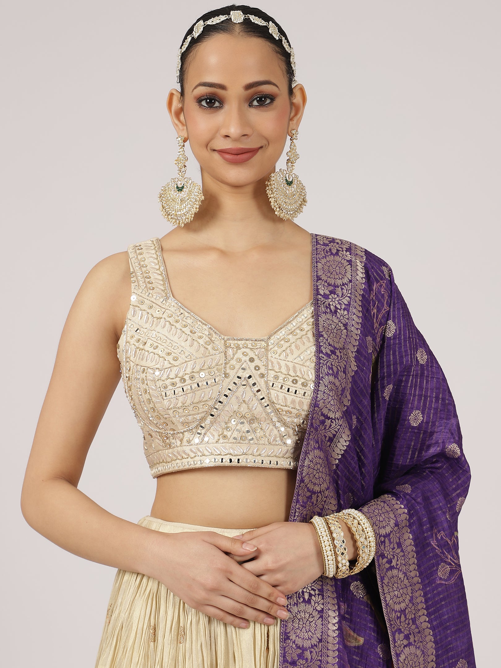 Cream Gold Lehenga Set with Purple Banarasi Dupatta