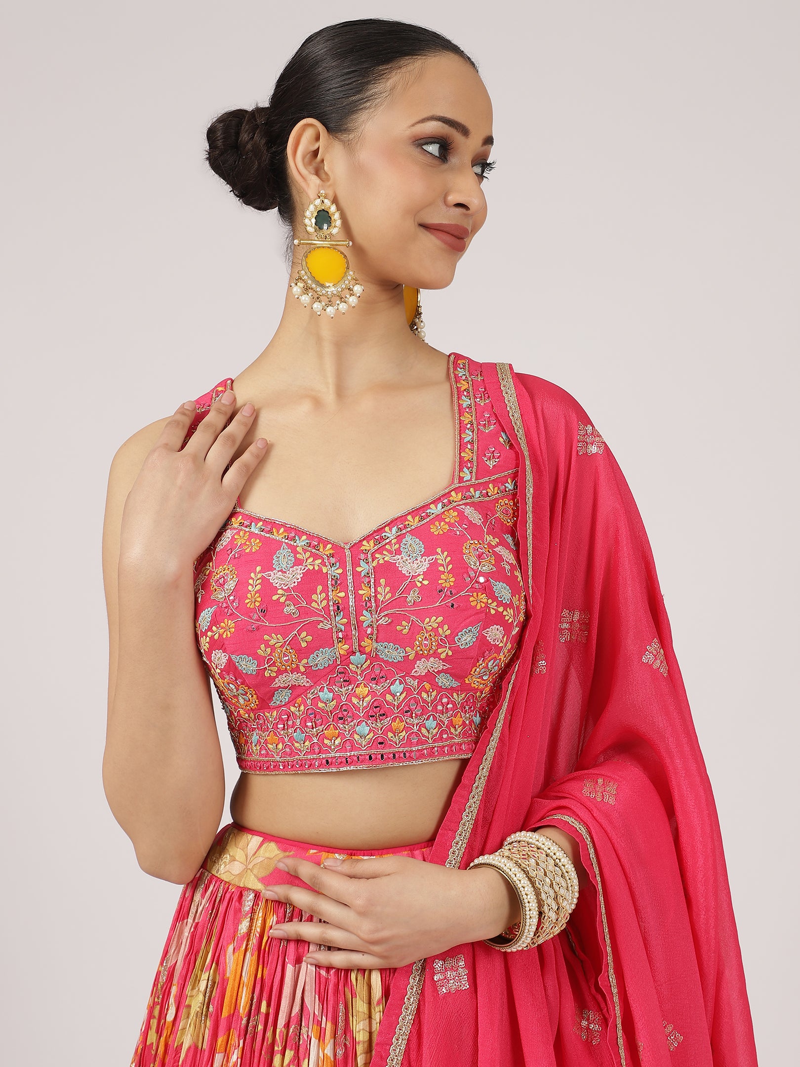 Vibrant Multi-Pink Satin Silk Lehenga with Embroidered Blouse