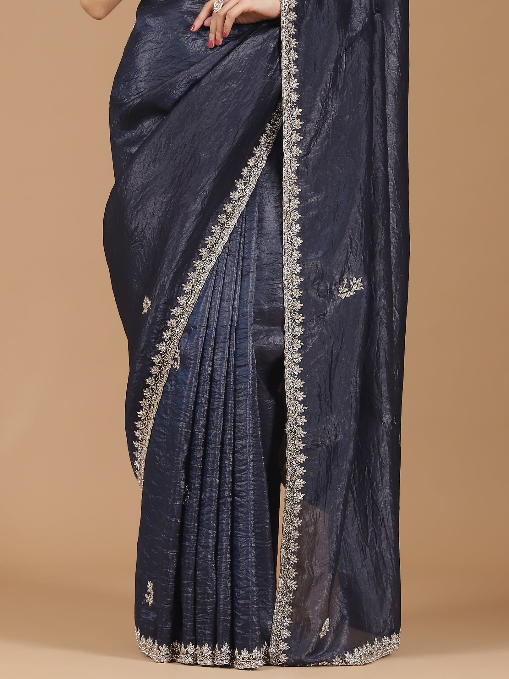 Crushed Silk Saree with Embroidered Border