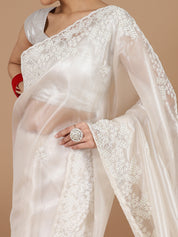 Ethereal Pure White Organza Tissue Saree with Scallop Sugar Beads Embroidery