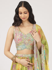 Lime Green Printed Organza Lehenga with Sequin & Mirror Work Blouse