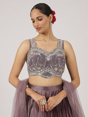 Mauve Pleated Organza Lehenga with Intricate Embroidered Blouse & Sheer Dupatta