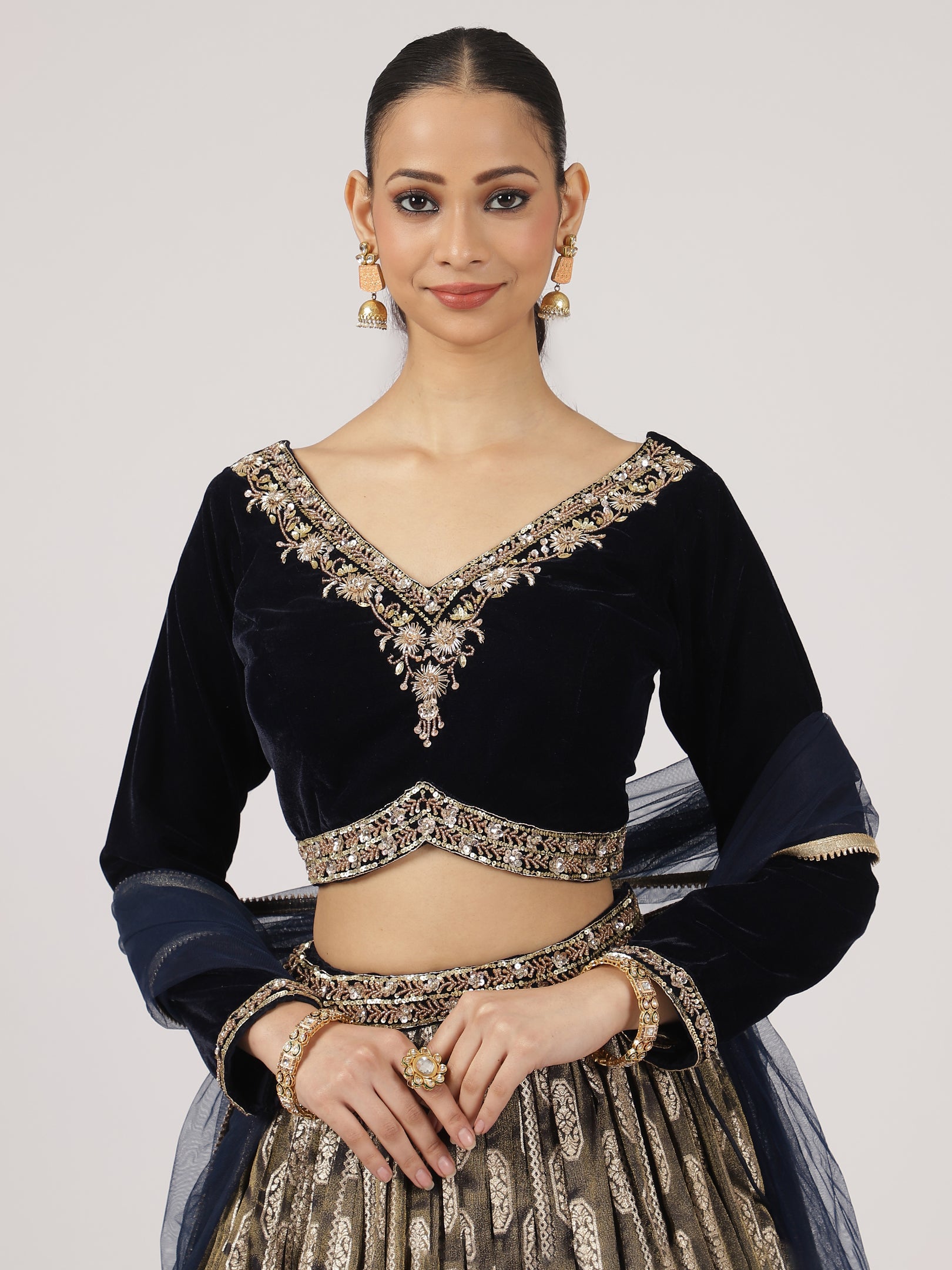 Midnight Blue Velvet Banarasi Lehenga with Zari Embroidery