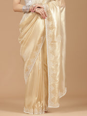 Elegant Champagne Gold Satin Silk Saree with Pearl Embroidery