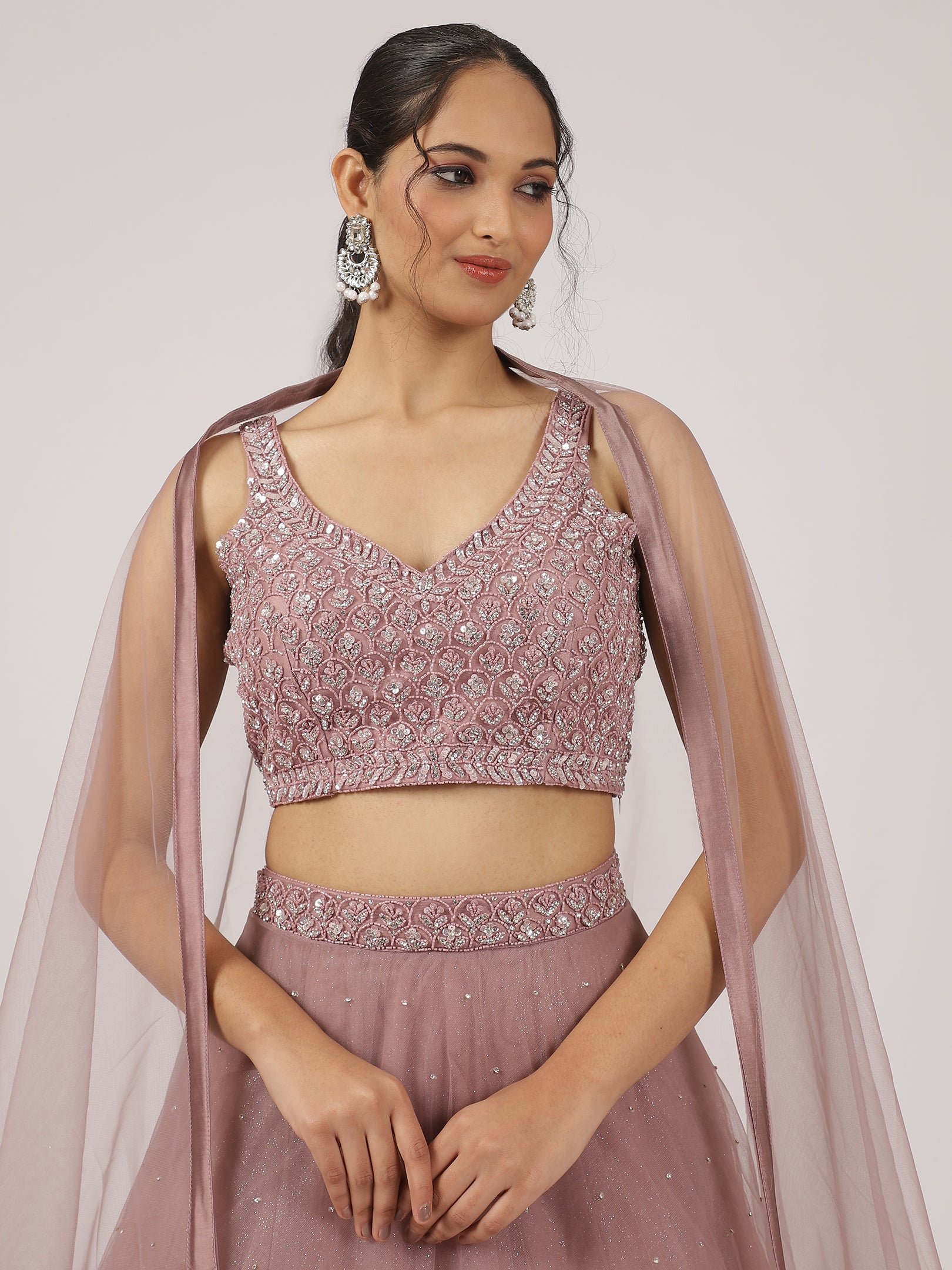 Mauve Pink Net Lehenga with Sequin Embroidery & Designer Blouse