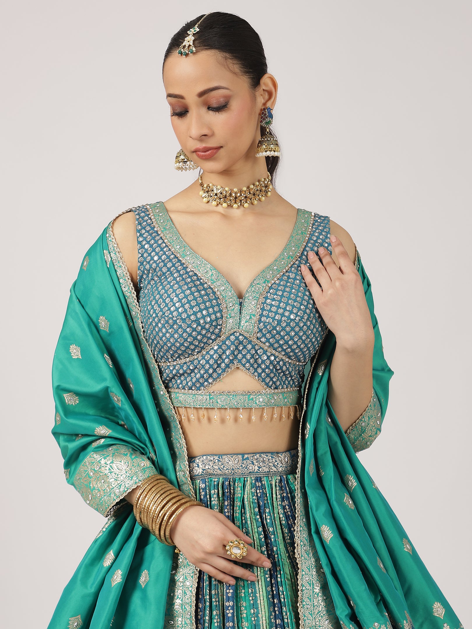 Teal & Blue Bandhani Lehenga with Embroidered Blouse & Dupatta