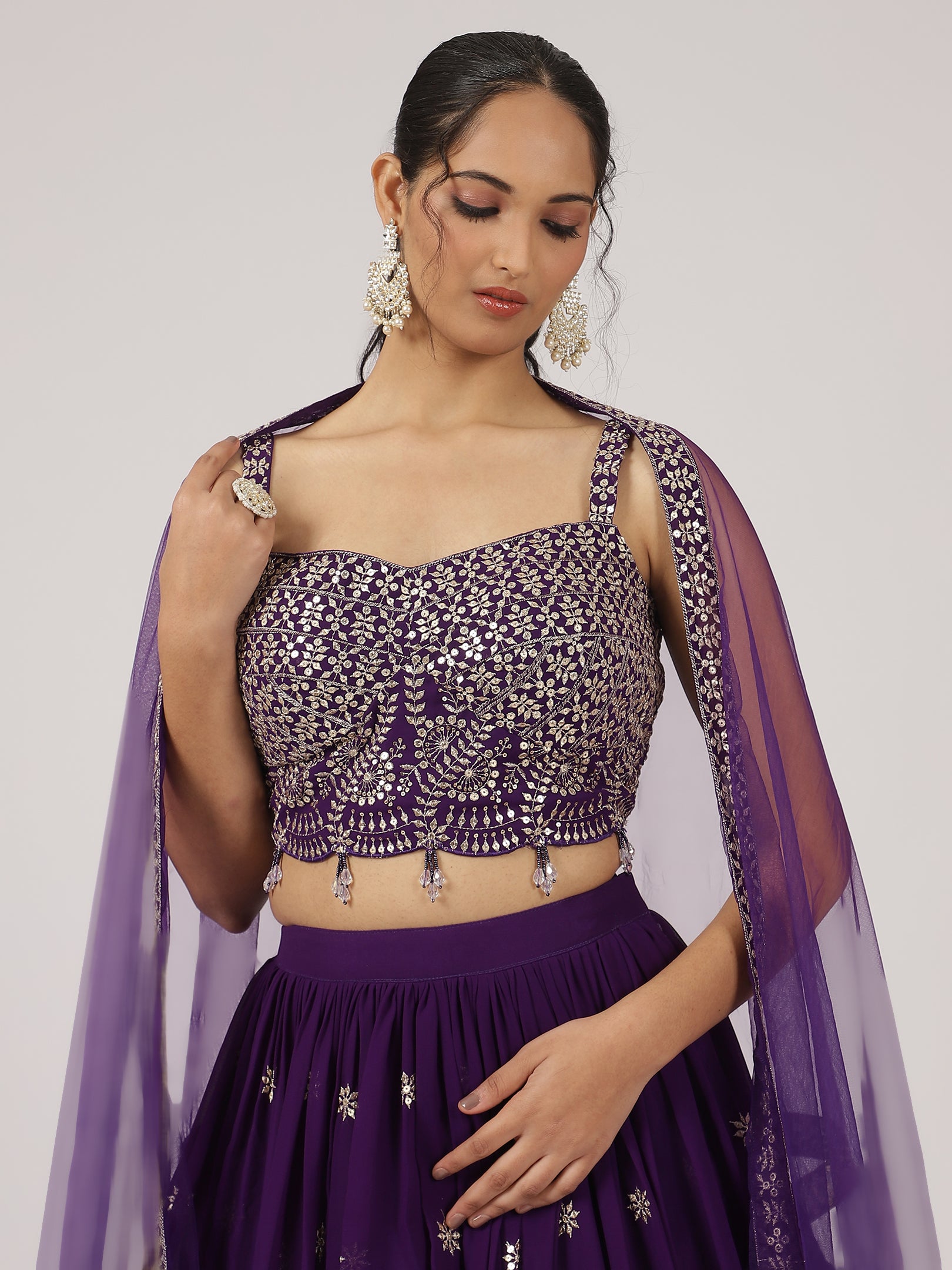 Royal Purple Embroidered Lehenga Set with Mirror Work Blouse & Net Dupatta