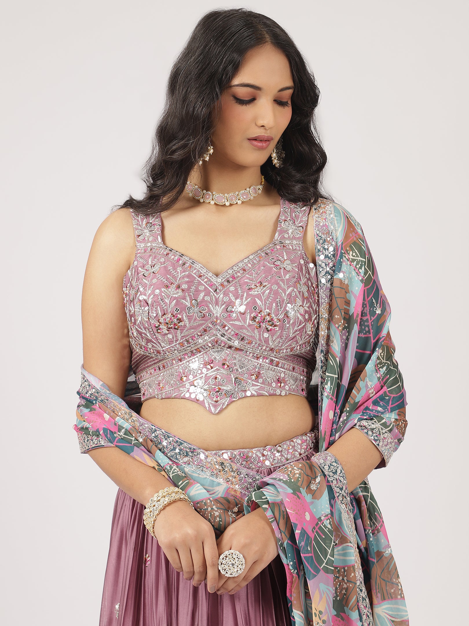 Elegant Lavender Raw Silk Lehenga with Sequin Embroidered Blouse