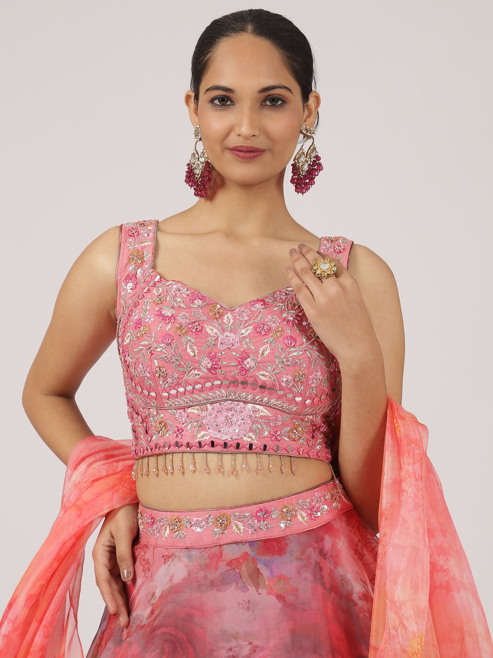 Blush Pink Floral Organza Lehenga with Embroidered Blouse