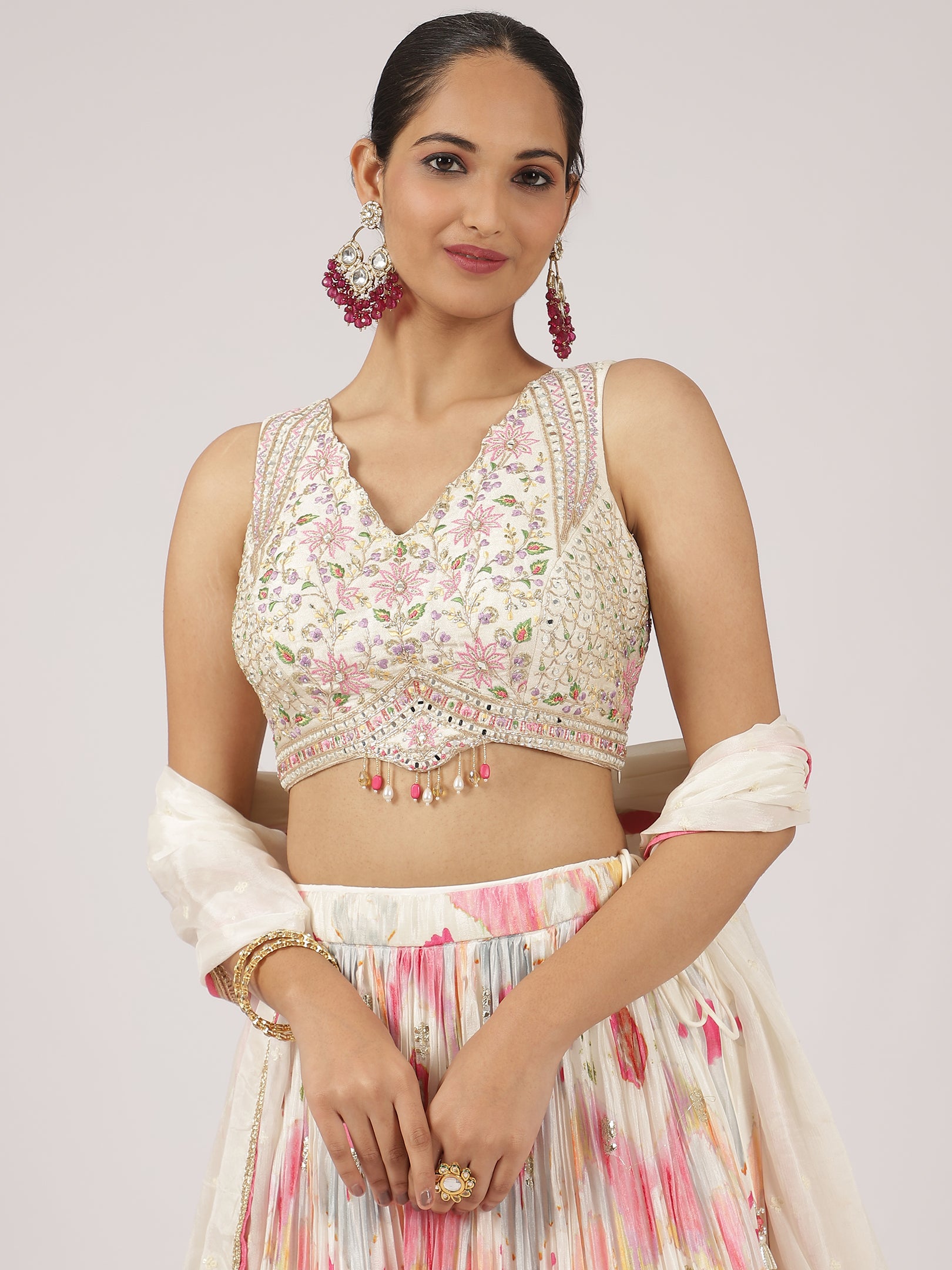 Elegant White & Pink Silk Lehenga with Embroidery & Sequins Work