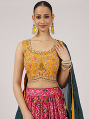 Vibrant Pink & Mustard Cotton Silk Lehenga with Embroidered Mirror Work